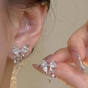 2023 Fashion Silver Color Bowknot Zircon Stud Earrings for Women Girl Korean Four-Pointed Star Personality Earrings Jewellery