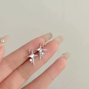 2023 Fashion Silver Color Cross Star Zircon Stud Earrings for Women Girl Korean Four-Pointed Star Personality Earrings Jewellery