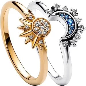 2pc/set Summer Couple Ring Set Sky Blue Sparkling Moon and Sun Ring 2023 New Women's Stackable Finger Set Engagement Jewelry