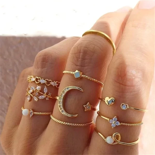 Crystal Rings Set Vintage women Butterfly Pearl Geometric Hollow Ring girls Anillos Jewelry Bague Adjustable Funk Jewellery