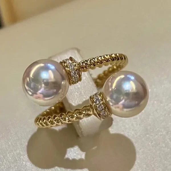 Huitan Temperament Double Imitation Pearl Open Ring Twist Gold Color Band New Fashion Women's Accessories Wedding Jewelry 2023