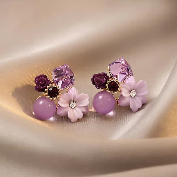 Purple Crystal Flower Stud Earrings For Woman Korean Fashion Jewelry Wedding Party Girl Elegance Set Accessories