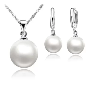 Smooth Women Wedding Jewelry Sets 925 Sterling Silver Color Pearl Necklace Hoop Earrings Fashion Jewellery Gift Accessories